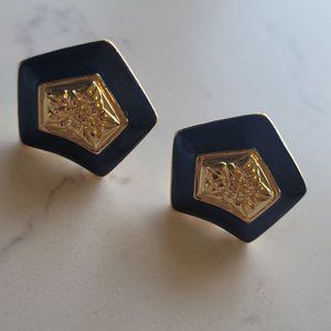 Trifari Vintage Enamel Pentagon Stud Earrings Signed Blue